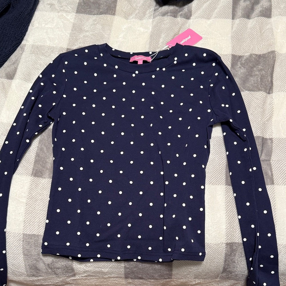 Edikted Navy and White Polka Dot Long Sleeve Tee